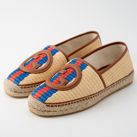 size 9.5G - Gucci Brown Raffia Interlocking G Espadrilles GG Red Blue